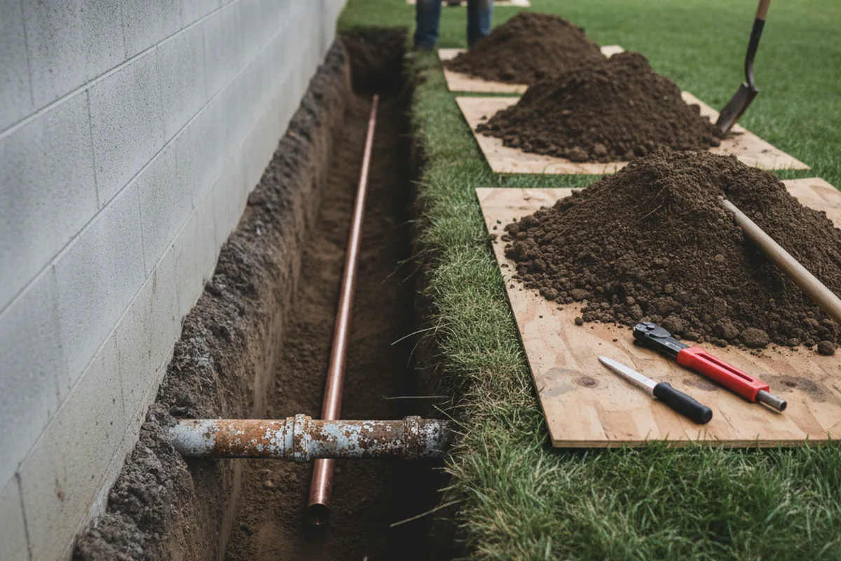 Excavated water line trench during Sewer Line Repair in Alton